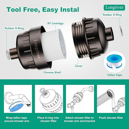R7 Shower Filter High Put Shower Water Filter for Hard Water 99.99% Remove Chlorine, Shower Water Softener, Improve your skin and hair, Bathroom Fixture Hardware Parts, Oil Rubbed Bronze, 2 Pack