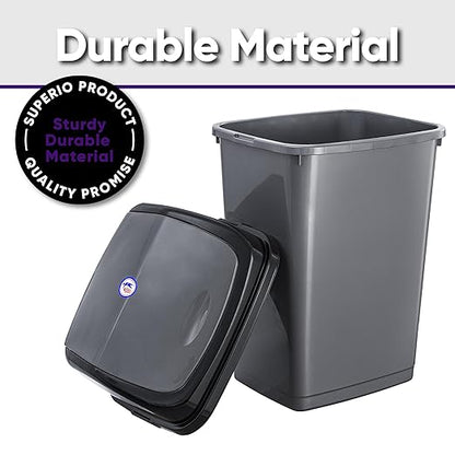 Superio Kitchen Trash Can 13 Gallon with Swing Lid, Plastic Tall Garbage Can Outdoor and Indoor, Large 62 Qt Recycle Bin and Waste Basket for Home, Office, Garage, Patio, Restaraunt (Grey/Black)