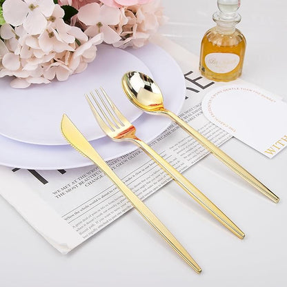 PULOTE 150PCS Gold Plastic Silverware Disposable - Heavy Duty Gold Plastic Cutlery - Gold Plastic Utensils Set Include 50 Knives,50 Forks,50 Spoons for Party&Wedding