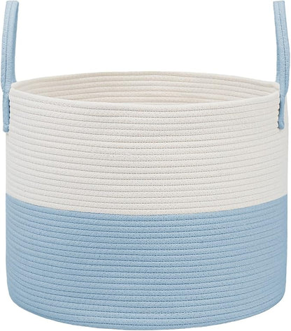 Woven Blanket Basket,65L Large Rope Storage Bin with Handles, Organizer for Blankets Toys Book and Clothes, Laundry Basket for Living Room Bedroom Nursery,White&Blue
