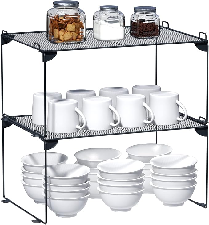 Neudeco Stackable Cabinet Shelf Organizer - 2 Pack Metal Mesh Stacking Shelves for Kitchen, Closet, Bathroom, Countertop and Cabinet -Gray