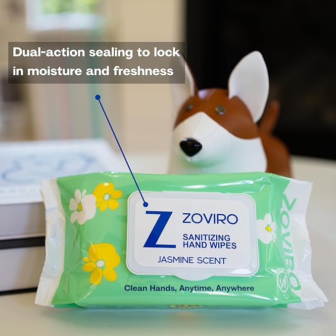Zoviro Hand Sanitizer Wipes, Jasmine Essential Oils, 100% Viscose Ultra-Soft Wipes, Moisturizing & Non-Sticky, Jasmine Scent, Adults & Kids, 80 Count (Pack of 6)