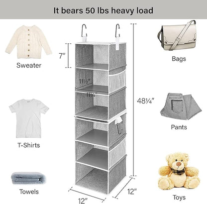 StorageWorks 6-Shelf Closet Organizers, Two 3-Shelf Separable Hanging Shelves for Closet, 12" D x 12" W x 48 ¼"H， Canvas, Gray