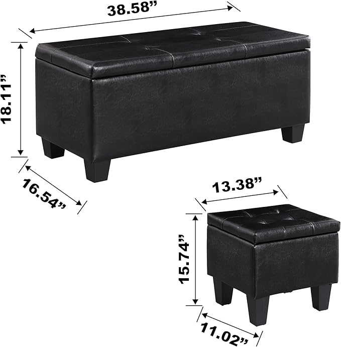 Storage Ottoman Set of 3, 38'' Button-Tufted Coffee Table Bench with 2pcs Nesting Foot Stools, for Living Room Couch, Bedroom, End of Bed (Black - PU Leather)