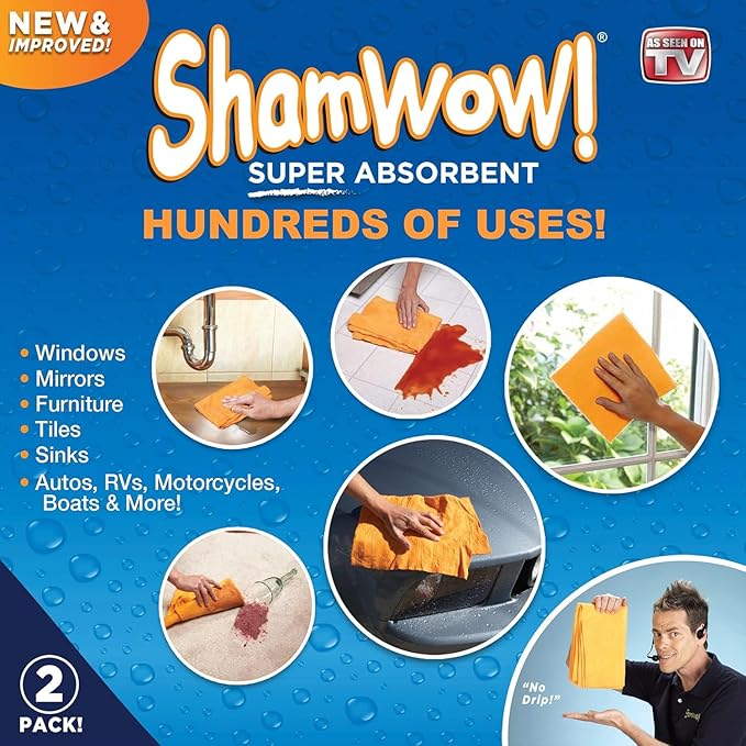 ShamWow Original Super Absorbent Multi-Purpose Cleaning Shammy Chamois Towel Cloth - Holds 10X its Weight in Liquid - Machine Washable - Will Not Scratch (2 Pack, Orange)