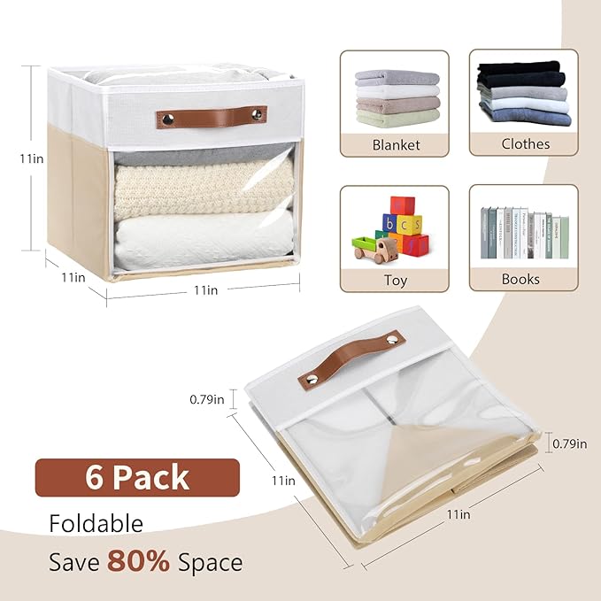 HNZIGE 11 Inch Foldable Fabric Storage Cubes - Clear Bins for Shelves, Canvas Cube Organizer Bins (White Beige 6 PCS)