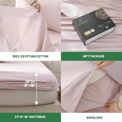 100% Egyptian Cotton Sheets Cal King Sheet Set 1000 Thread Count Sateen Weave Soft Breathable 16-Inch Deep Pocket 4PCS（California King,Light Pink）