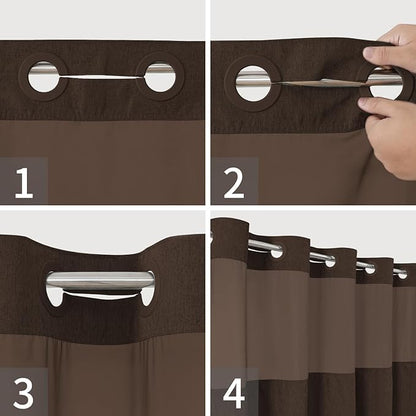 No Hooks Needed Linen Textured Shower Curtain with Snap-in Fabric Liner Set,Hotel Luxury Decor Shower Curtains for Bathroom with Mesh Top Window,Waterproof & Washable,71Wx74H,Brown