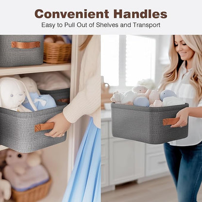 Large Storage Baskets for Shelves 3 Packs, Fabric Storage Bins for Shelves with Handles, 11.8'' L ×7.8'' W × 5.1'' H Collapsible Baskets for Organizing Clothes, Toy, Grey