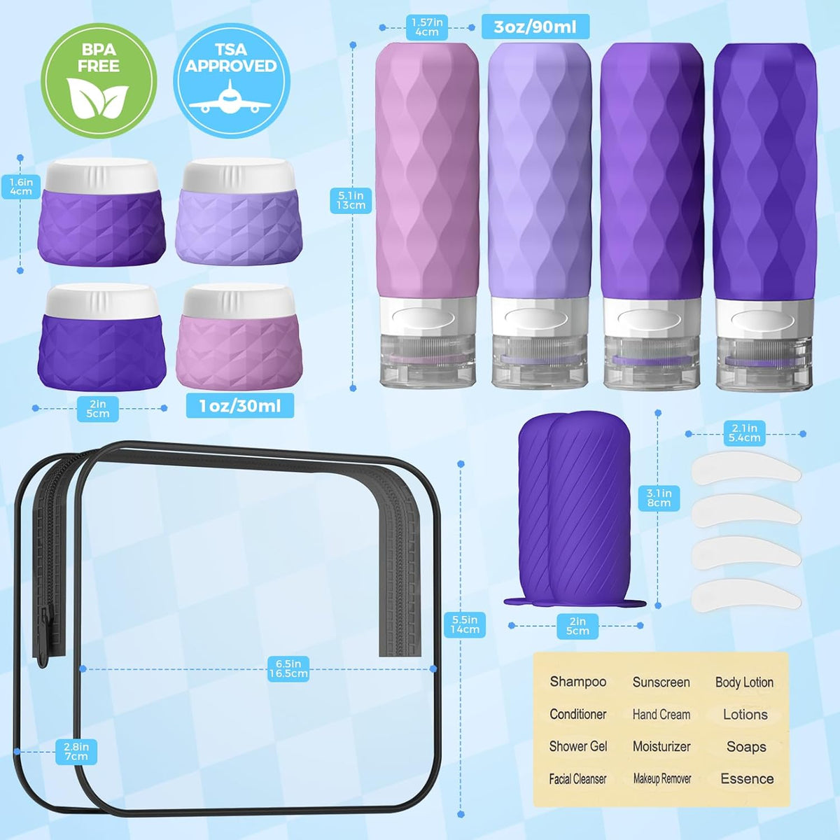 16Pack Travel Bottles for Toiletries, TSA Approved Travel Size Toiletries Containers Set, Silicone Leak Proof Refillable Bottles Elastic Sleeves Creams Jars Accessories Kit W/Clear Bag (Purple)