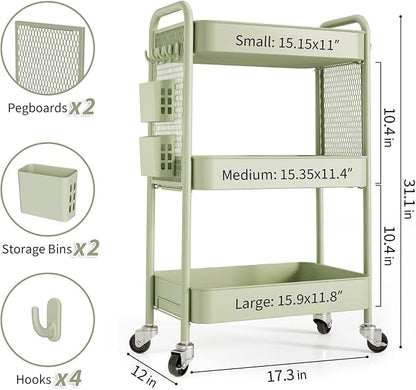 TOOLF 3 Tier Rolling Cart Storage Organizer, Metal Rolling Utility Cart with Wheels, Hooks & Bins Esthetician Craft Art Sturdy Storage with Pegboard for Bathroom, Kitchen, Office, Nursery Diaper