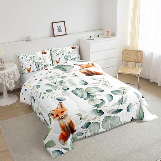 Erosebridal Girls Cartoon Animal Full Bedding Sets for Kids Toddler Kawaii Fox Comforter Set, Woodland Wildlife Bedding Comforter Sets Jungle Wild Fox Duvet Insert, Green Eucalyptus Down Comforter