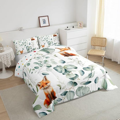 Erosebridal Girls Cartoon Animal Bedding King Size for Kids Toddler Kawaii Fox Comforter Set King, Woodland Wildlife Duvet Insert Jungle Wild Fox Quilt Set, Green Eucalyptus Bedding Comforters & Sets