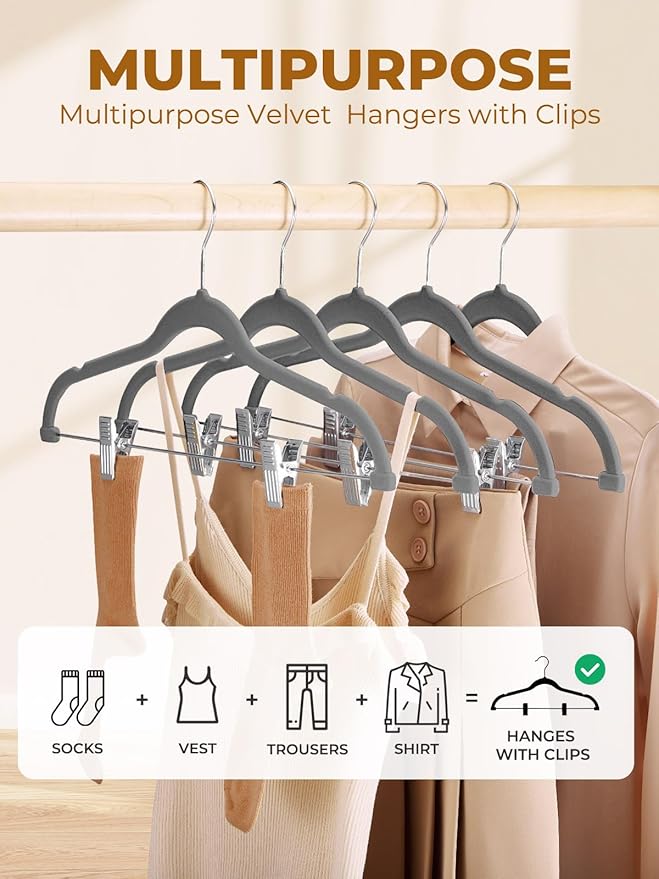 HOUSE DAY Velvet Skirt Hangers 24 Pack, Gray Hangers with Adjustable Clips, Space Saving Slim Velvet Pant Hanger, Heavy Duty Non Slip Clip Hanger for Pants, Skirts, Shorts