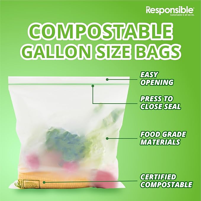 Responsible Products Certified Compostable Large GALLON Resealable Zip Bag, Extra Strength Food Bags, Made from Plant Materials (14 Pack)