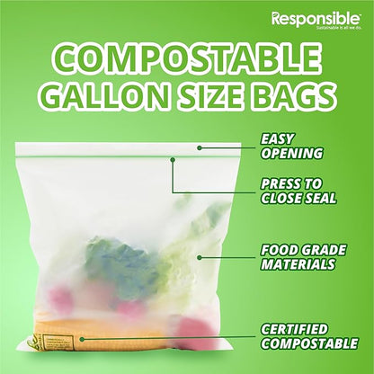 Certified Compostable Large GALLON Resealable Zip Bag, Extra Strength Food Bags, Made from Plant Materials (64 Pack)