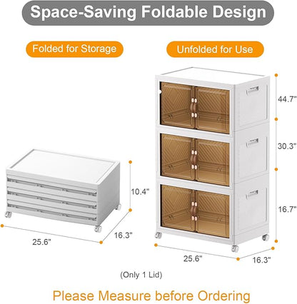 Extra Large Stackable Storage Bins with Lids & Wheels & Door, 336QT-112QT/28GAL*3Pack Foldable Collapsible Closet Organizers, Plastic containers drawers for bedroom Dorm
