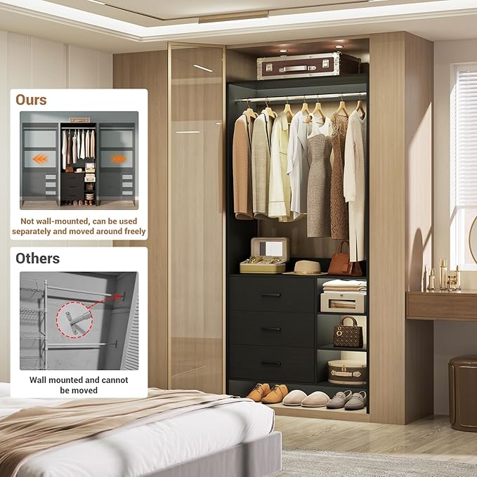 Aheaplus 2.5FT Closet System with 3 Drawers, 29.5’’ Closet Organizer, Wood Closet Organizer System, Walk-in Closet or Small Closets Wardrobe, Clothes Rack with Hanging Rods,-E6, Black