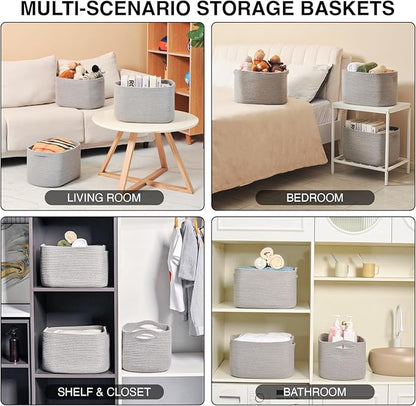 Storage Baskets for Organizing Shelves, Woven Cotton Rope Bins for Baby Nursery Organization, Book Toy Towel Organizer, 15"x11"x9.5", 3 Packs, Grey