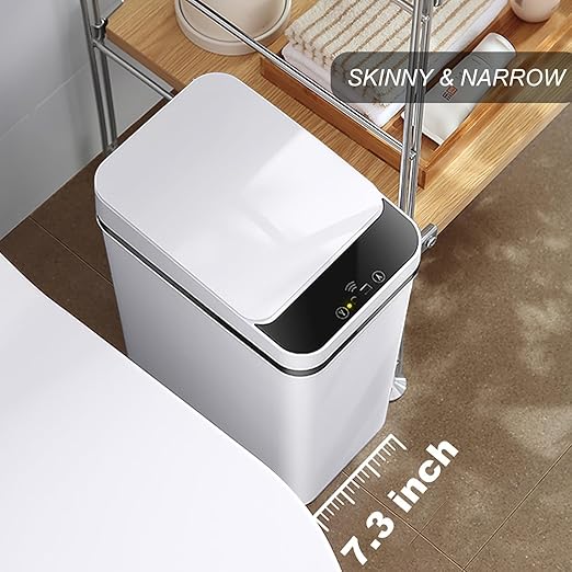 Yatmung Skinny Trash Can Automatic Touchless - 4 Gallons Motion Sensor Bathroom Trash Can - Electric, Slim, Plastic - Narrow Garbage Can with Lid - Thin Smart Trash Bin - 15.5 Liters (White)