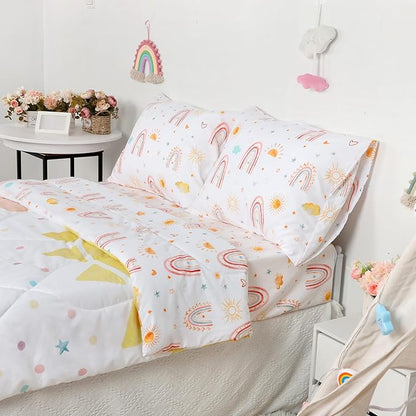 Twin Size Toddler Bedding Set for Girls- 5 Piece Rainbow Toddler Girl Bedding, Super Soft & Lightweight Toddler Comforter Set Includes Comforter, Flat Sheet, Fitted Sheet, Pillowcase (Pink)