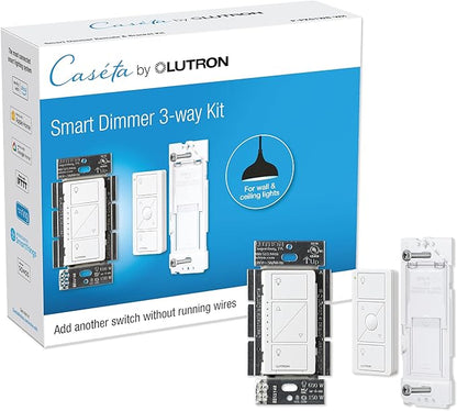 Lutron Caseta 3 Way Smart Dimmer Light Switch Kit, Includes Pico Remote, Bracket, and LED Dimmer Switch, No Neutral Required, P-PKG1WB-WH