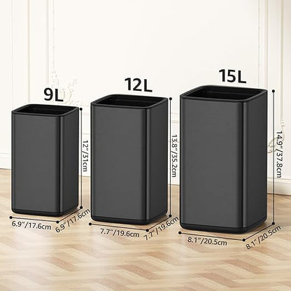 Mbillion 3.2 Gal (12L) Stainless Steel Open - Top Trash Can with Removable Inner Bucket - Sleek Metal Waste Basket for Bathroom Office, Brushed Black