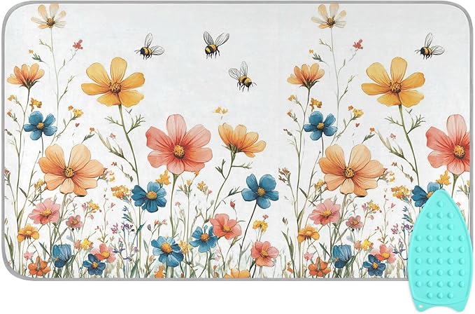 Yellow Wildflower Bees White Ironing Mat for Table top Portable Ironing Pad Blanket for Washer Dryer Countertop Travel
