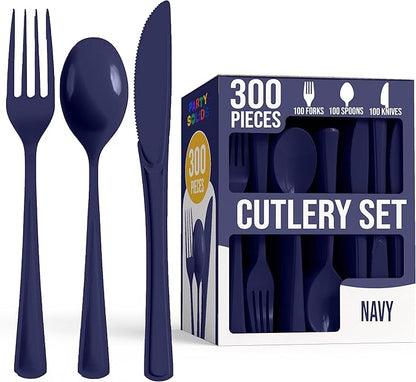 Party Solids Navy Plastic Silverware Heavy Duty 300 Pieces Navy Plastic Cutlery Sets, Utensil Sets, 100 Of Each Forks, Knives & Spoons Disposable Cutlery Set, Flatware Set For Party Supplies
