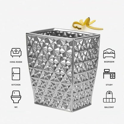 Ceramic Rectangular Small Trash Can - Wastebasket, Garbage Container Bin for Bathroom, Bedroom, Kitchen, Home Office, and Kids Room, Holds Waste, Recycling - Silver