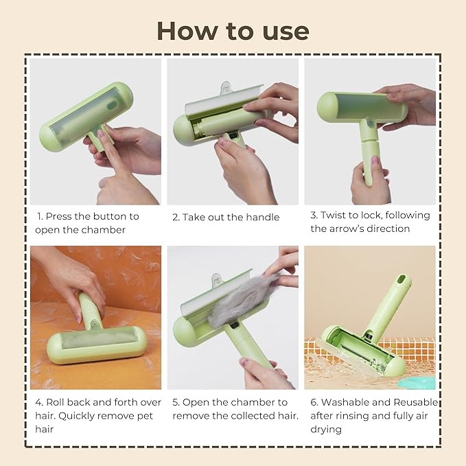 Reusable Pet Hair Remover - Lint Roller for Dog & Cat Fur - for Furniture, Carpet, Clothing - Detachable Handle (Green)