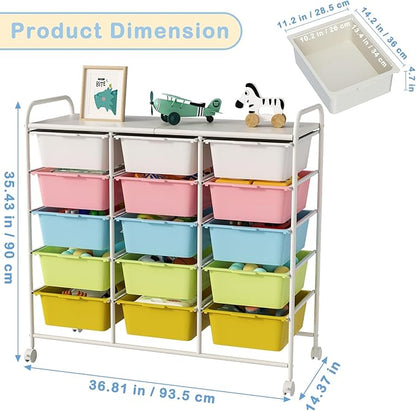 15 Drawers Rolling Cart With Wheels, Plastic Storage Drawer With Metal Frame, Multipurpose Art Craft Organizer, Utility Cart for Home, Office, School, Multicolor