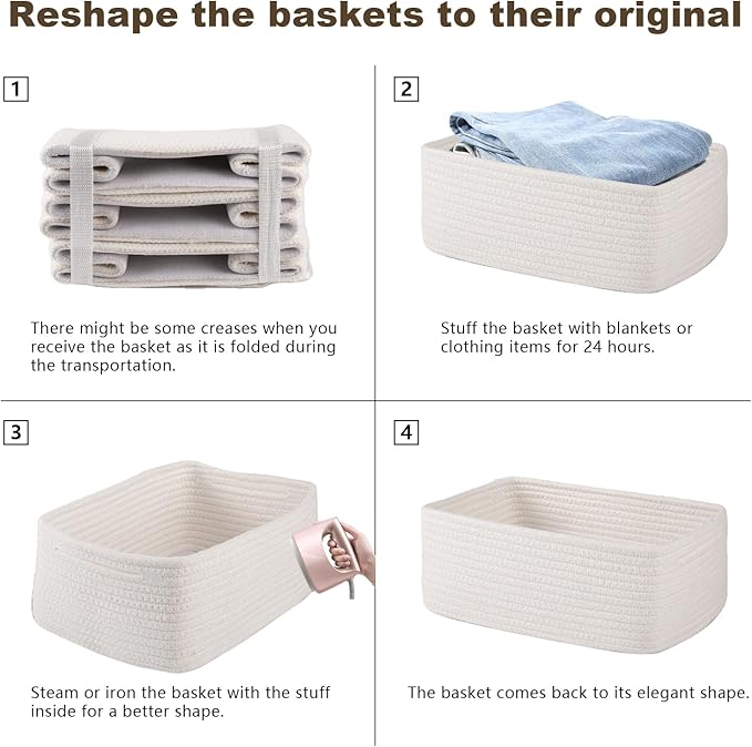 3 Pack Small Storage Baskets for Organizing, Cute Woven Decorative Gift Baskets for Shelves, Mini Closet Organizer Bins with Handles-13''Lx8.66''Wx5.11''H-White