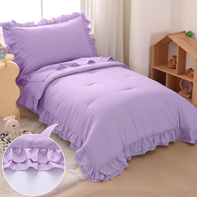 Wowelife 4 Pieces Toddler Bedding Set for Girls, Double Ruffles Comforter Sets Lavender Purple, Cozy and Comfortable Bedding Set Includes Comforter, Fitted Sheet, Flat Top Sheet and Pillowcase