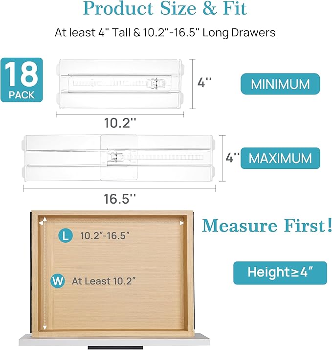 Vtopmart 18 Pack Drawer Dividers for Clothes, 4" High 10.2"-16.6" Adjustable Expandable Dresser Drawer Organizer, Clear Plastic Separators for Dresser, Baby Clothing, Underwear, Cosmetic, Toiletries