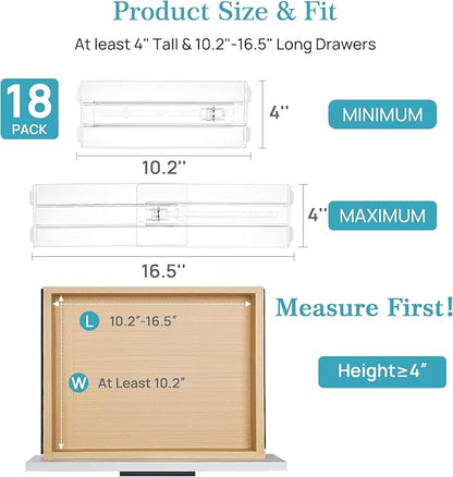 Vtopmart 18 Pack Drawer Dividers for Clothes, 4" High 10.2"-16.6" Adjustable Expandable Dresser Drawer Organizer, Clear Plastic Separators for Dresser, Baby Clothing, Underwear, Cosmetic, Toiletries