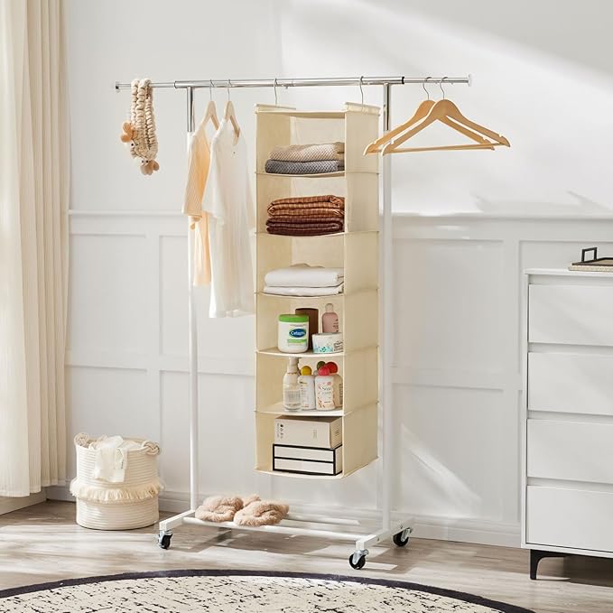 MAX Houser 6 Tier Shelf Hanging Closet Organizer, Cloth Hanging Shelf with 2 Sturdy Hooks for Storage, Foldable (Beige)