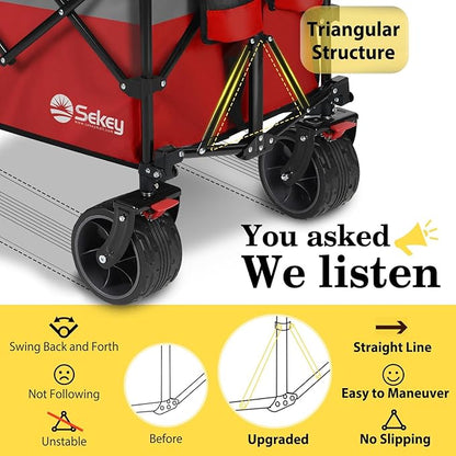 Sekey 48''L Collapsible Foldable Extended Wagon with 440lbs Weight Capacity, Heavy Duty 300L Folding Utility Garden Cart with Big All-Terrain Beach Wheels & Drink Holders. Red&Grey