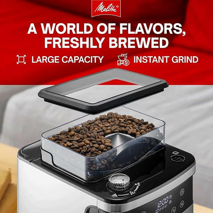 Melitta® Aroma Fresh™ Plus 10-Cup Automatic Drip, Programmable Coffee Maker with built in Burr Coffee Grinder, 5-Pack Coffee Filters included