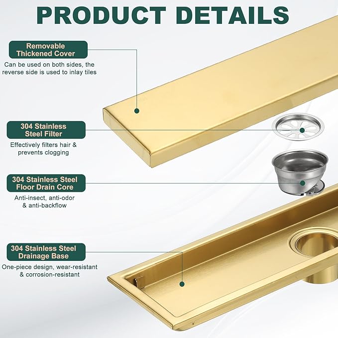 uxcell Rectangular Shower Drain, Brushed 304 Stainless Steel Odor-Proof Floor Drain Linear Shower Drain Hair Catcher for Bathroom Kitchen and Laundry Room(16 Inch, Gold)