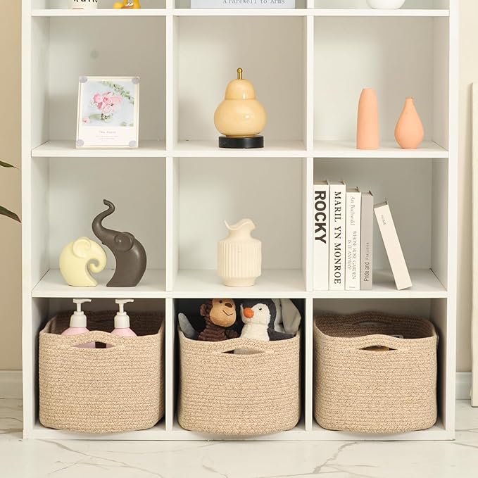 Large Storage Baskets for Organizing Shelves, Woven Cotton Rope Bins for Baby Nursery Organization, Book Toy Towel Organizer, 17"x13"x9.5", 3 Packs, Brown