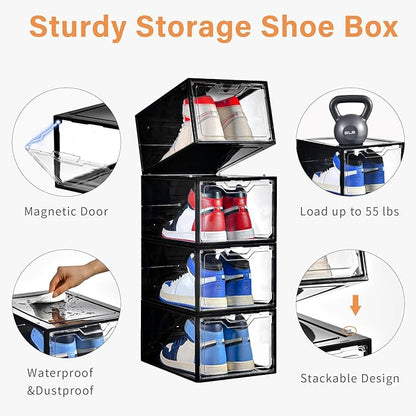 12 Pack Stackable Shoe Storage Organizer with Magnetic Door, Shoe Boxes Clear Black Plastic for Closet, Shoe Rack for Sneaker Boot Container, Shoe Cabinet Fit up to US Size 12