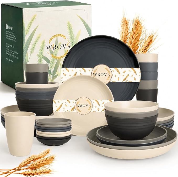 Kitchen Plates and Bowls Sets 40PCS, Wheat Straw Dinnerware Sets