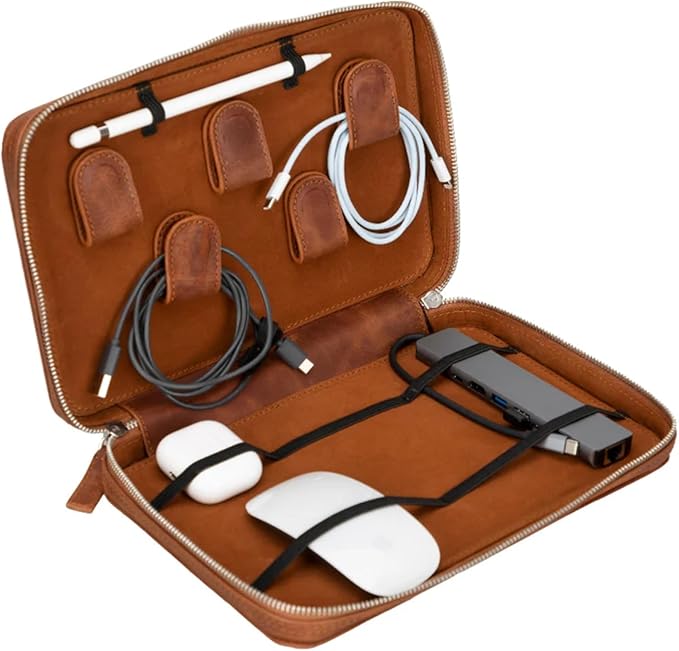 Medicine Handmade Leather Cable Organizer Bag – Full-Grain Leather Travel Tech Case for Cords, Chargers & Accessories – Zippered Storage for Men & Women (Tiguan Tan)