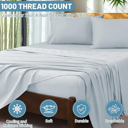Extra Deep Pocket King Sheets 18-24 Inch 100% Egyptian Cotton 1000 Thread Count Sateen Weave Soft Breathable 4 Pieces（King，Light Blue）