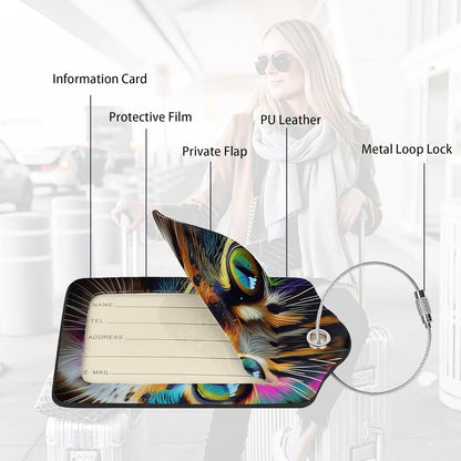2 Pack Luggage Tags for suitcases Cute Cat Luggage Tag, Leather Stainless Steel Loop Label Tag for Men Women Travel Bag Suitcase(cat face)
