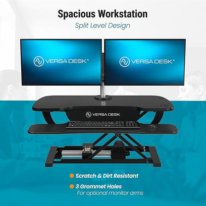 VERSADESK PowerPro™ 36 Inch Electric Standing Desk Converter, Height Adjustable Sit to Stand Up Desk Riser, Laptop and Dual Monitor Desktop Workstation with Wide Keyboard Tray and USB Port, Black