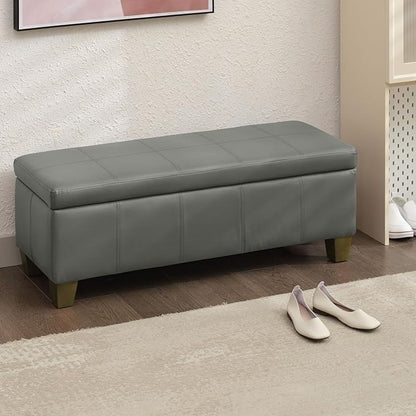 Grey Faux Leather Ottoman with Storage, Rectangular Extra Long Storage Bench for Bedroom and Living Room