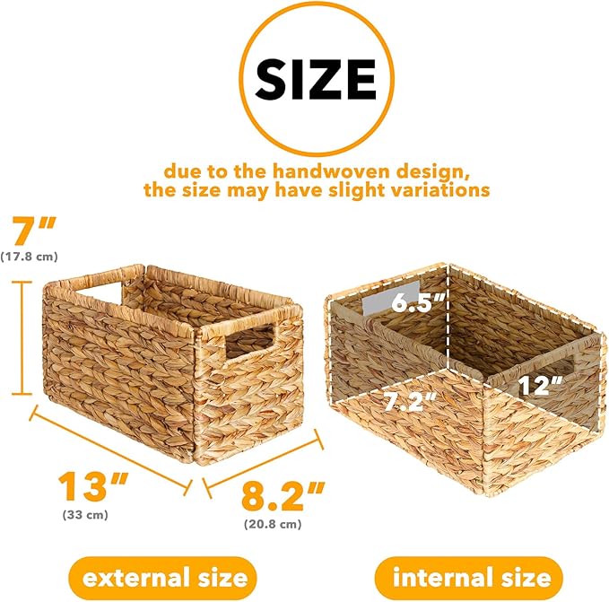 SpaceAid 4 Pack Wicker Basket, Storage Baskets for Organizing, Woven Rattan Basket with Handles for Shelves, Water Hyacinth Large Cube Organizer Storage Bin, 13x8.2x7 inch, Natural
