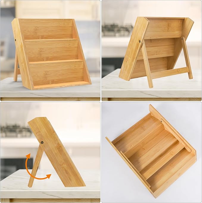 Bamboo Spice Rack Organizer for Kitchen Counter, 3 Tier Foldable Spice Shelf for Cabinet or Drawer (Jars Not Included)